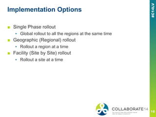 Implementation Options
■ Single Phase rollout
▪ Global rollout to all the regions at the same time
■ Geographic (Regional) rollout
▪ Rollout a region at a time
■ Facility (Site by Site) rollout
▪ Rollout a site at a time
 
