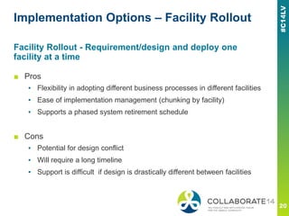 Implementation Options – Facility Rollout
Facility Rollout - Requirement/design and deploy one
facility at a time
■ Pros
▪ Flexibility in adopting different business processes in different facilities
▪ Ease of implementation management (chunking by facility)
▪ Supports a phased system retirement schedule
■ Cons
▪ Potential for design conflict
▪ Will require a long timeline
▪ Support is difficult if design is drastically different between facilities
 