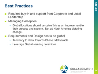 Best Practices
■ Requires buy-in and support from Corporate and Local
Leadership
■ Managing Perception
▪ Global locations should perceive this as an improvement to
their process and system. Not as North America dictating
change.
■ Requirements and Design has to be global
▪ Tendency to skew towards Phase I deliverable.
▪ Leverage Global steering committee
 