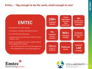 Emtec… ‘ Big enough to do the work, small enough to care’
100+
PeopleSoft
Upgrades
75+
PeopleSoft-
focused
Resources
90%+
PeopleSoft
Certified
Oracle
Specialized
Financials
HCM
PeopleTools
Offshore
Center of
Excellence
Platinum
Partner
In-House
Infrastructure
Team
PeopleSoft
LAB
In Chicago
10+
Average Years
of Functional
Experience
EMTEC
• Serving clients for nearly 50 years
• 12 locations, including 6 development centers
• Over 500 full-time professionals
• Voted One of the Top 100 Places to Work by Crain’s
Chicago in 2012
• Emtec has completed more than 1,100 ERP, CRM &
EPM engagements, including:
- 400+ Oracle clients with more than 700 engagements
- 200+ PeopleSoft clients and over 300 engagements
 