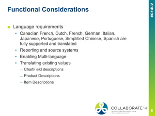 Functional Considerations
■ Language requirements
▪ Canadian French, Dutch, French, German, Italian,
Japanese, Portuguese, Simplified Chinese, Spanish are
fully supported and translated
▪ Reporting and source systems
▪ Enabling Multi-language
▪ Translating existing values
— ChartField descriptions
— Product Descriptions
— Item Descriptions
 