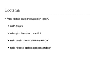 Bootsma Waar kom je deze drie werelden tegen? in de situatie in het probleem van de cliënt in de relatie tussen cliënt en werker in de reflectie op het beroepshandelen 