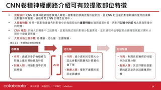 資料來源 :
• 流程設計: CNN 卷積神經網路是模擬人類對一個影像的辨識流程所設計的，且 CNN 對日後的影像辨識所使用的演算
法影響非常重要，皆能看見 CNN 的概念在其中。
• 人類看物體: 看見一個影像後會先對影像中的每個部位的重要特徵去猜測這是什麼，再利用記憶中的碎片去猜測影像中
的物體。
• CNN 模型: 於輸入的圖像中切割圖像，並對每個切割的影像分配重要性，並於過程中去學習那些圖像區塊對於圖片分
類有什麼重要影響。
• 大致分為三個步驟: 卷積層、池化層、全連階層。
CNN卷積神經網路介紹可有效提取部位特徵
24
卷積層
• 作用：透過許多的卷積核在
影像上進行滑動擷取特徵
• 對應人類：掃描影像中的局
部特徵
池化層
• 作用：減少資料的空間大小，
因此參數的數量和計算量也
會下降
• 對應人類：看到不重要的資
訊並過濾掉
全連階層
• 作用：利用先前獲得的特徵，
來決定其分類
• 對應人類：決定好哪些是重
要的資訊並決定該圖像是什
麼
xN層
圖3-1-1：卷積神經網路流程圖
維基百科、IT邦幫忙、Medium
 