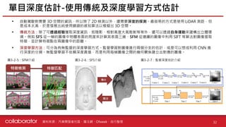 資料來源 :
• 自動駕駛對需要 3D 空間的資訊，所以除了 2D 檢測以外，還需要深度的探測。最容易的方式是使用 LiDAR 測距，但
是成本太高，於是發展出純使用鏡頭的感知算法以模擬出 3D 空間。
• 傳統方法：除了可透過經驗獲取深度資訊，如陰影、相對高度大氣散射等等外，還可以透過自身運動來建構出立體環
境。例如 SFS 從一幀的圖像中物體表面的亮度來計算其表面三維、SFM 從連續的圖像中利用 SIFT 等算法對圖像提取
特徵，並計算特徵點在兩圖像中的距離。
• 深度學習方法：可分為有無監督的深度學習方式。監督學習對圖像進行兩個分支的估計，或是可以想成利用 CNN 進
行深度的分類。無監督學習不依賴深度真值，而是利用每幀圖像之間的幾何關係建立出對應的圖像。
單目深度估計-使用傳統及深度學習方式估計
32
特徵檢測 特徵匹配
積分
微分
圖3-2-5：SFM介紹 圖3-2-6：SFS介紹 圖3-2-7：監督深度估計介紹
汽車開發者社區、羅戈網、Ofweek、自行整理
 