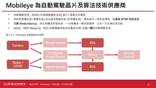 資料來源 : Mobileye、DDCAR、科技財知道
• 自動駕駛技術、ADAS (先進駕駛輔助系統) 晶片+演算法供應商
• 同時有相機系統 (視覺系統) 和光達或雷達系統 (非視覺系統)，避免其中一個系統壞掉，以提高 MTBF 和安全性
• 冗餘 (Redundancy)：多台相機或多個系統，一台相機或一個系統壞掉，以另一方去補足其功能
• ADAS、REM Mapping、RSS (自動駕駛規則或定義或法規) 三位一體的自動駕駛技術
Mobileye 為自動駕駛晶片及算法技術供應商
37
圖 4-1-1：Mobileye 自動駕駛技術架構
Camera
Radar /
LiDAR
Combined
World Model
World Model
World Model
RSS
RSS
Policy
Vehicle
Control
 
