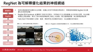 資料來源 :
• 特斯拉透過車身所設置的 8 台相機，拍攝出 8 張不同角度的原始照片，再透過神經網絡 RegNet 找出最
優化的深度和參數。
• RegNet 是由 facebook AI 團隊於 2020 年所提出，利用統計方法 (控制變量) 去分析設計空間，找出參數
與模型之間的關係，解決了原本神經結構搜尋 ( NAS ) 的缺點：需大量調整參數、無法解釋搜尋結果。
* NAS 為在不同的參數中 (深度、寬度、學習率等) 的各種排列組合，找出最優的排列組合。
RegNet 為可解釋優化結果的神經網絡
43
科技財知道、Radosavovic, Ilija, et al. "Designing network design spaces."
圖4-2-1 : 特斯拉車身拍攝之原始照片 圖4-2-2 : RegNet 以縮減控制變量的方式，找出參數與模型的關係
原始照片
RegNet
BiFPN
Attention
RNN
LSTM
MLP
NeRFs
 