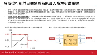 資料來源 :
• 去年一份特斯拉提交的新裝置註冊文件內容流出，確認是一個高解析雷達裝置。而馬斯克曾表明，極高解析度的雷達會比純
視覺更好，但現階段能符合此標準的高解析度雷達並不存在。因此，特斯拉找到符合標準的高解析度雷達，且將其加回自動
駕駛系統裡的可能性極高。
• 可以兩大角度窺探該雷達樣貌：1. 發展高解析度雷達的關鍵技術是擴大頻寬，以增加解析度。透過兩個角度，可以推測，特
斯拉註冊之高解析度雷達的樣貌。2. Mobileye 於 CES 2023 指出目前雷達存在三大問題，其中一個為 (角) 解析度不夠的問
題。藉由增加雷達的發射端和接收端，來提高解析度。現階段大多為 12 個發射端和 16 個接收端，未來則是希望能發展成
48 個發射端和接收端。
特斯拉可能於自動駕駛系統加入高解析度雷達
53
Texas Instruments、科技財知道、EDN
圖5-5 : 高解析雷達的關鍵技術為增加頻寬，以提高雷達解析度
時間
頻率
77 GHZ
81 GHZ
90 GHZ ­
頻寬=4 GHZ
頻寬=13 GHZ ­
圖5-6 : 可以分別增加雷達的發射端和接受端來提高雷達解析度
發射端 接收端
 