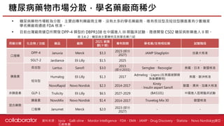 資料來源 :
• 糖尿病藥物市場較為分散，主要由專利藥廠商主導，沒有太多的學名藥廠商，唯有長效型及短效型胰島素有少數幾家
學名藥廠商通過 FDA 核准。
• 目前台灣廠商健亞所開發 DPP-4 類型的 DBPR108 在中國進入 III 期臨床試驗，晟德開發 CS02 糖尿病新藥進入 II 期。
糖尿病藥物市場分散，學名藥廠商稀少
35
用藥分類 化合物 / 功能 藥品 廠商
2021 銷售
額(十億)
專利到期 學名藥/生物相似藥 試驗階段
口服藥
DPP-4 Januvia Merck $3.3
2023 (部分
2027)
JAMP Sitagliptin 加拿大核准
SGLT-2 Jardiance Eli Lilly $1.5 2025 - -
胰島素
長效型 Lantus Sanofi $3.0
2015
(部分2031)
Semglee、Rezvoglar 美國、日本、歐盟核准
短效型
Humalog Eli Lilly $1.3 2017
Admelog、Lispro (在美國被歸類
為後續藥物)
美國、歐洲核准
NovoRapid Novo Nordisk $2.3 2014-2017
Kirsty
、Insulin aspart Sanofi
歐盟、澳洲、加拿大核准
非胰島素 GLP-1 Trulicity Eli Lilly $6.5 2027-2029 (BA5101) 中國進入Ⅲ期臨床試驗
混合藥劑
胰島素 NovoMix Novo Nordisk $1.4 2014-2017 Truvelog Mix 30 歐盟核准
口服藥 Janumet Merck $2.0
2023 (部分
2027)
- -
表 3.4-2：糖尿病主要藥物及其學名藥介紹
Iqvia 、GaBi oline、 Mordor Intelligence、FDA、EMA、JAMP、Drug Discovery、 Statista、 Novo Nordisk、健亞、晟
石藥集團
 