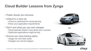 Cloud Builder Lessons from Zynga
• Public clouds are minivans
• zCloud is a race car
ᵒzCloud is optimized for social gaming
ᵒKnow your application requirements

• Don’t rent what you can own cheaper
ᵒCloud operator doesn’t care about your success
ᵒOptimized applications might be key

• Ensure you have backup plans
ᵒUsage can and does spike
ᵒOutages can and do happen

© Citrix 2013. More information at xenserver.org and follow me on twitter @XenServerArmy

vs.

 