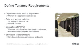 Define Tenancy Requirements
• Department data local to department
ᵒWhere is the application data stored

• Data and service isolation
ᵒVM migration and host HA
ᵒNetwork services

• Encryption of PII/PCI
ᵒWhere do keys live when data location unknown
ᵒNeed encryption designed for the cloud

• Showback to stakeholders
ᵒMore than just usage, compliance and audits

© Citrix 2013. More information at xenserver.org and follow me on twitter @XenServerArmy

 