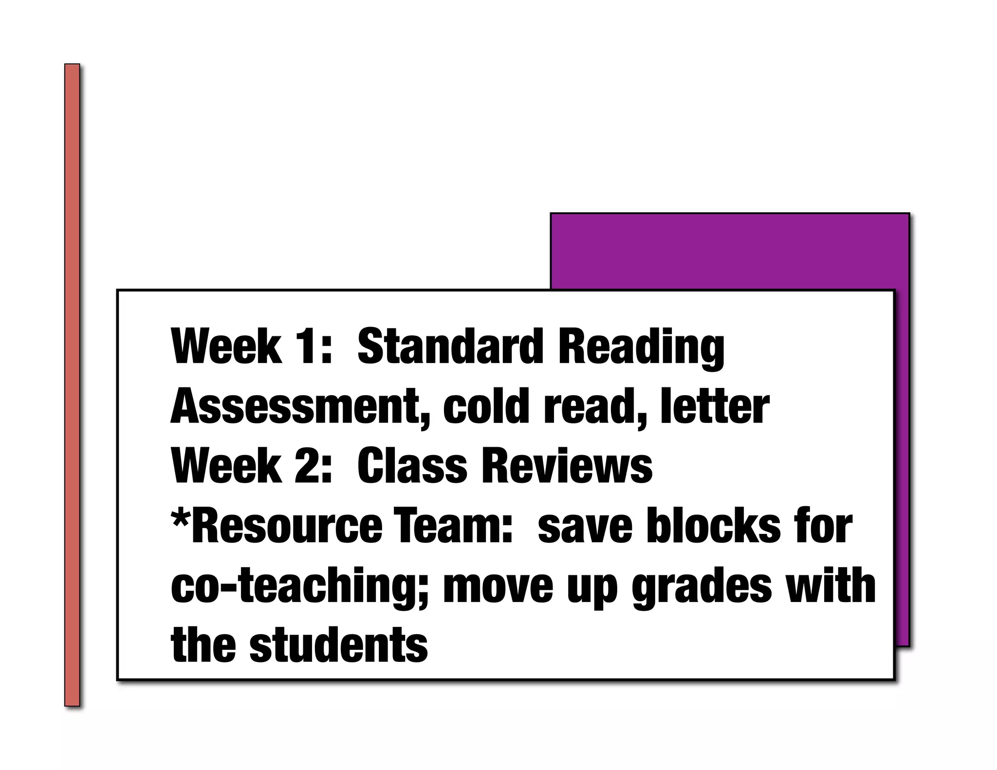 Week 1: Standard Reading
Assessment, cold read, letter
Week 2: Class Reviews
*Resource Team: save blocks for
co-teaching; move up grades with
the students	
 
 