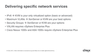 Delivering specific network services
• IPv6  KVM is your only virtualized option (basic or advanced)
• Maximum VLANs  XenServer or KVM are your best options
• Security Groups  XenServer or KVM are your options
• VXLAN requires vSphere Enterprise Plus

• Cisco Nexus 1000v and ASA 1000v require vSphere Enterprise Plus

© Citrix 2013. More information at xenserver.org and follow me on twitter @XenServerArmy

 
