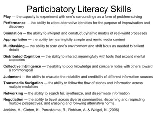 Participatory Literacy Skills Play  — the capacity to experiment with one’s surroundings as a form of problem-solving  Performance  — the ability to adopt alternative identities for the purpose of improvisation and discovery  Simulation  — the ability to interpret and construct dynamic models of real-world processes Appropriation  — the ability to meaningfully sample and remix media content  Multitasking  — the ability to scan one’s environment and shift focus as needed to salient details Distributed Cognition  — the ability to interact meaningfully with tools that expand mental capacities  Collective Intelligence  — the ability to pool knowledge and compare notes with others toward a common goal  Judgment  — the ability to evaluate the reliability and credibility of different information sources  Transmedia Navigation  — the ability to follow the flow of stories and information across multiple modalities  Networking  — the ability to search for, synthesize, and disseminate information  Negotiation  — the ability to travel across diverse communities, discerning and respecting multiple perspectives, and grasping and following alternative norms. Jenkins, H., Clinton, K., Purushotma, R., Robison, A. & Weigel, M. (2006) 