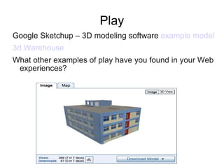 Play Google Sketchup – 3D modeling software  example model 3d Warehouse What other examples of play have you found in your Web experiences? 