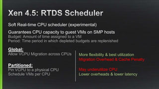 Soft Real-time CPU scheduler (experimental)
Guarantees CPU capacity to guest VMs on SMP hosts
Budget: Amount of time assigned to a VM
Period: Time period in which depleted budgets are replenished
Global:
Allow VCPU Migration across CPUs
Partitioned:
Pin VCPU to a physical CPU
Schedule VMs per CPU
More flexibility & best utilization
Migration Overhead & Cache Penalty
May underutilize CPU
Lower overheads & lower latency
 