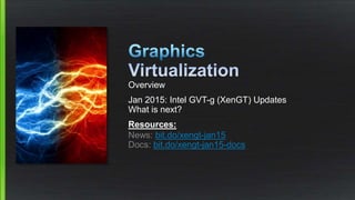 Overview
Jan 2015: Intel GVT-g (XenGT) Updates
What is next?
Resources:
News: bit.do/xengt-jan15
Docs: bit.do/xengt-jan15-docs
 
