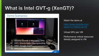 Watch the demo at
https://www.youtube.com/
watch?v=V2i8HCcAnY8
Virtual GPU per VM
Performance critical resources
directly assigned to VM
 