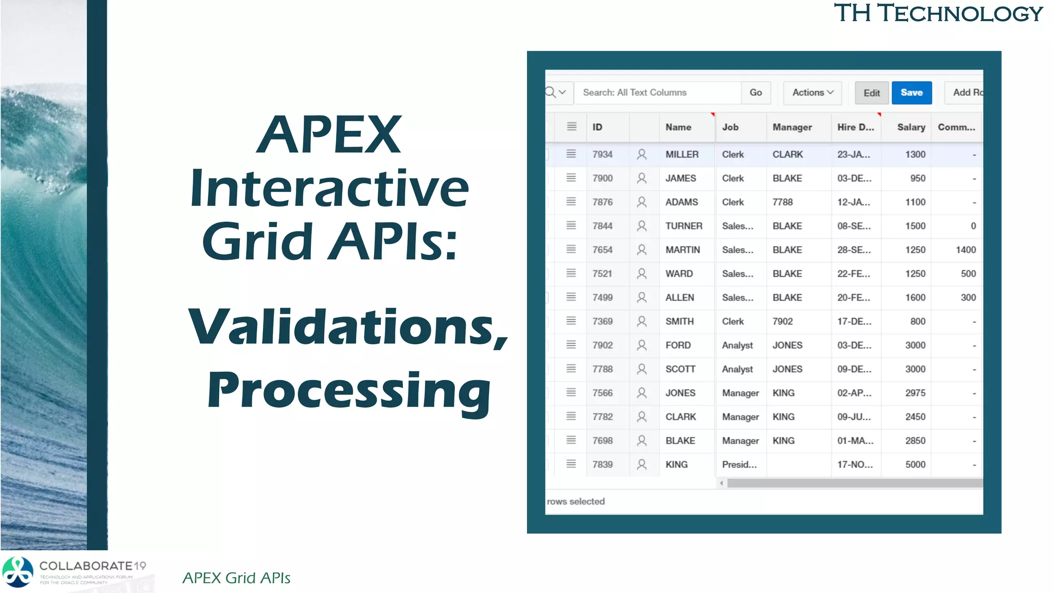 TH Technology
APEX
Interactive
Grid APIs:
to Build
Validations,
Processing
APEX Grid APIs 4/12/2019
 
