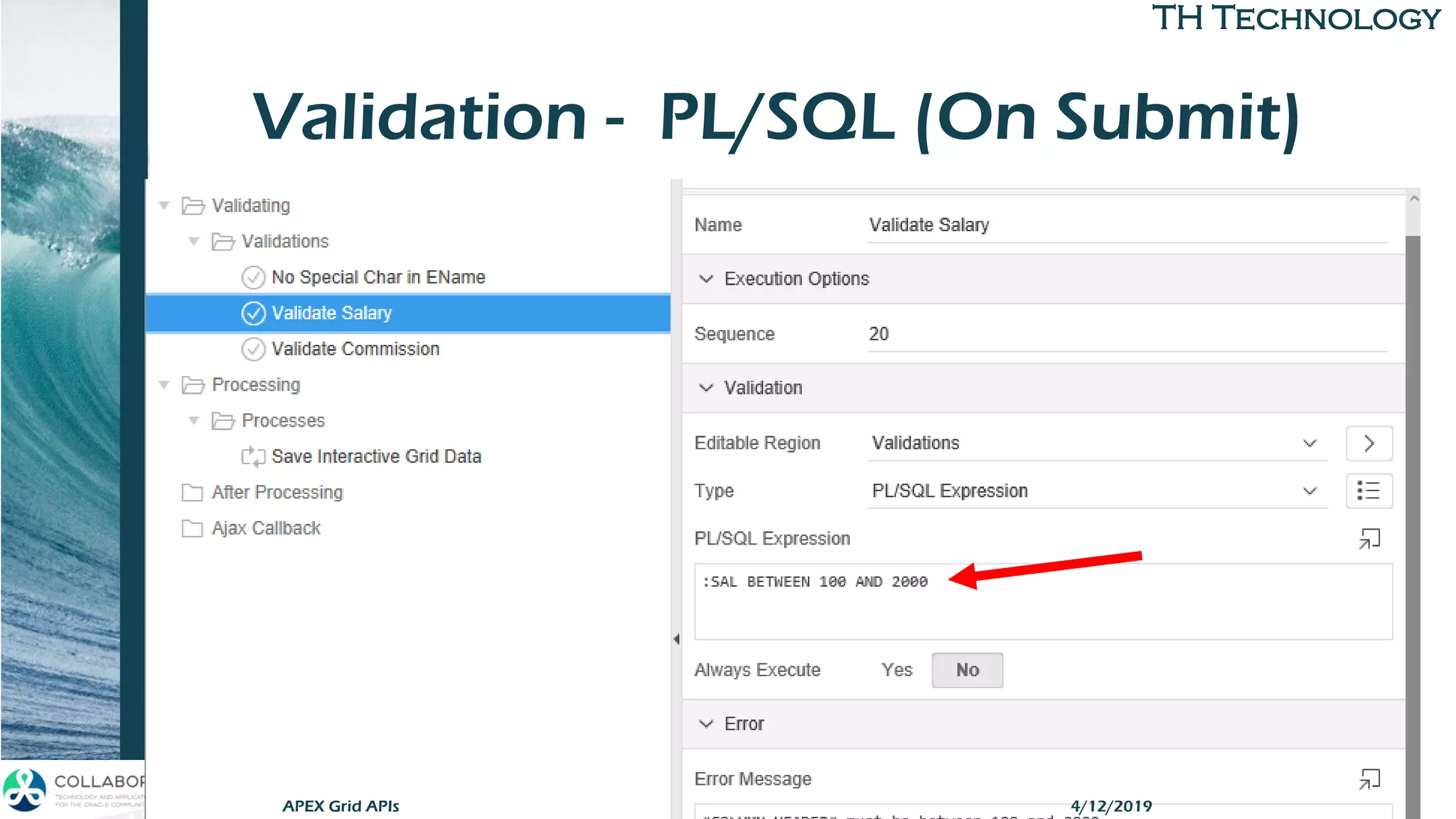 TH TechnologyTH Technology
Validation - PL/SQL (On Submit)
APEX Grid APIs 4/12/2019
 