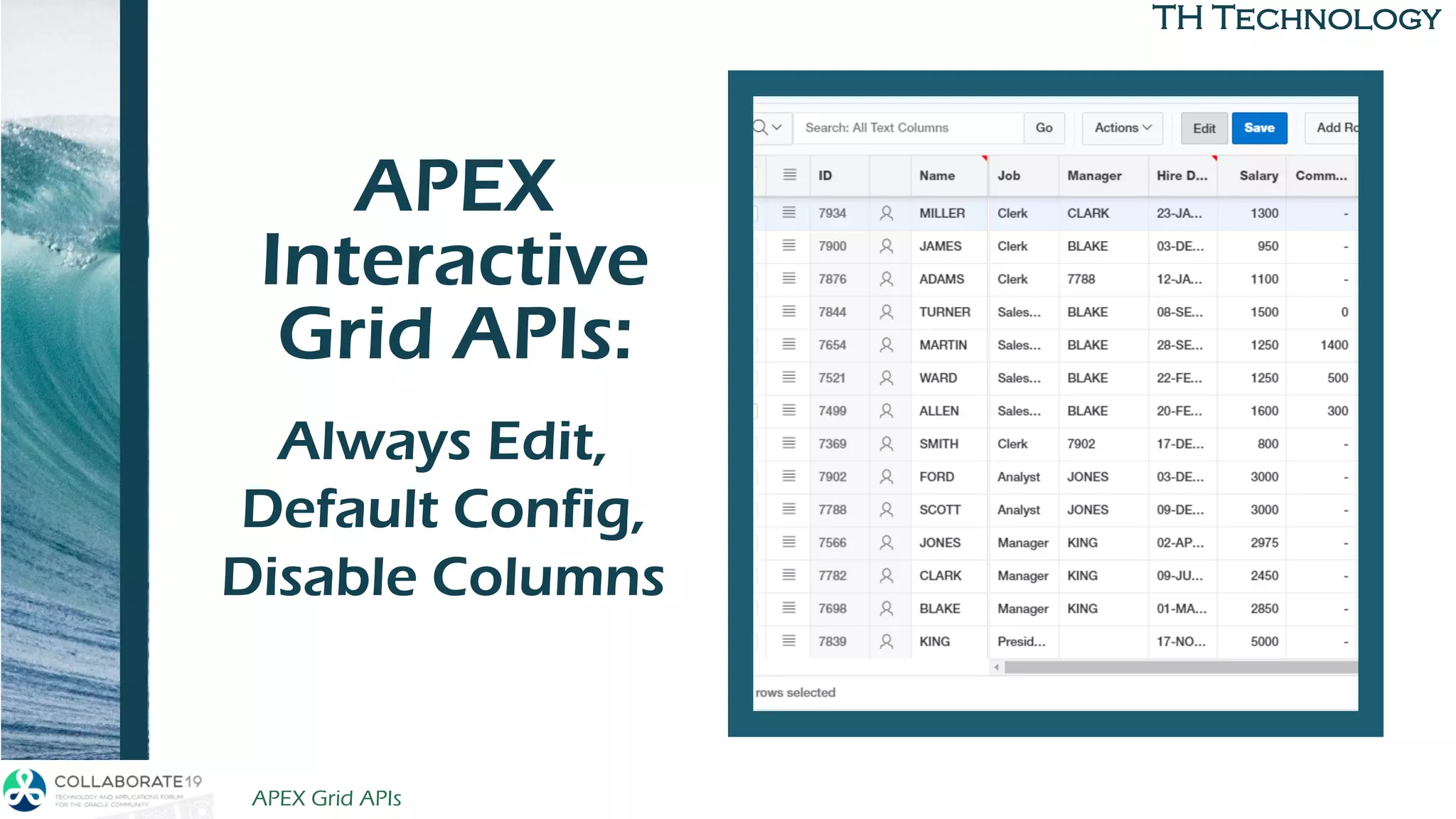 TH Technology
APEX
Interactive
Grid APIs:
to BuildAlways Edit,
Default Config,
Disable Columns
APEX Grid APIs 4/12/2019
 
