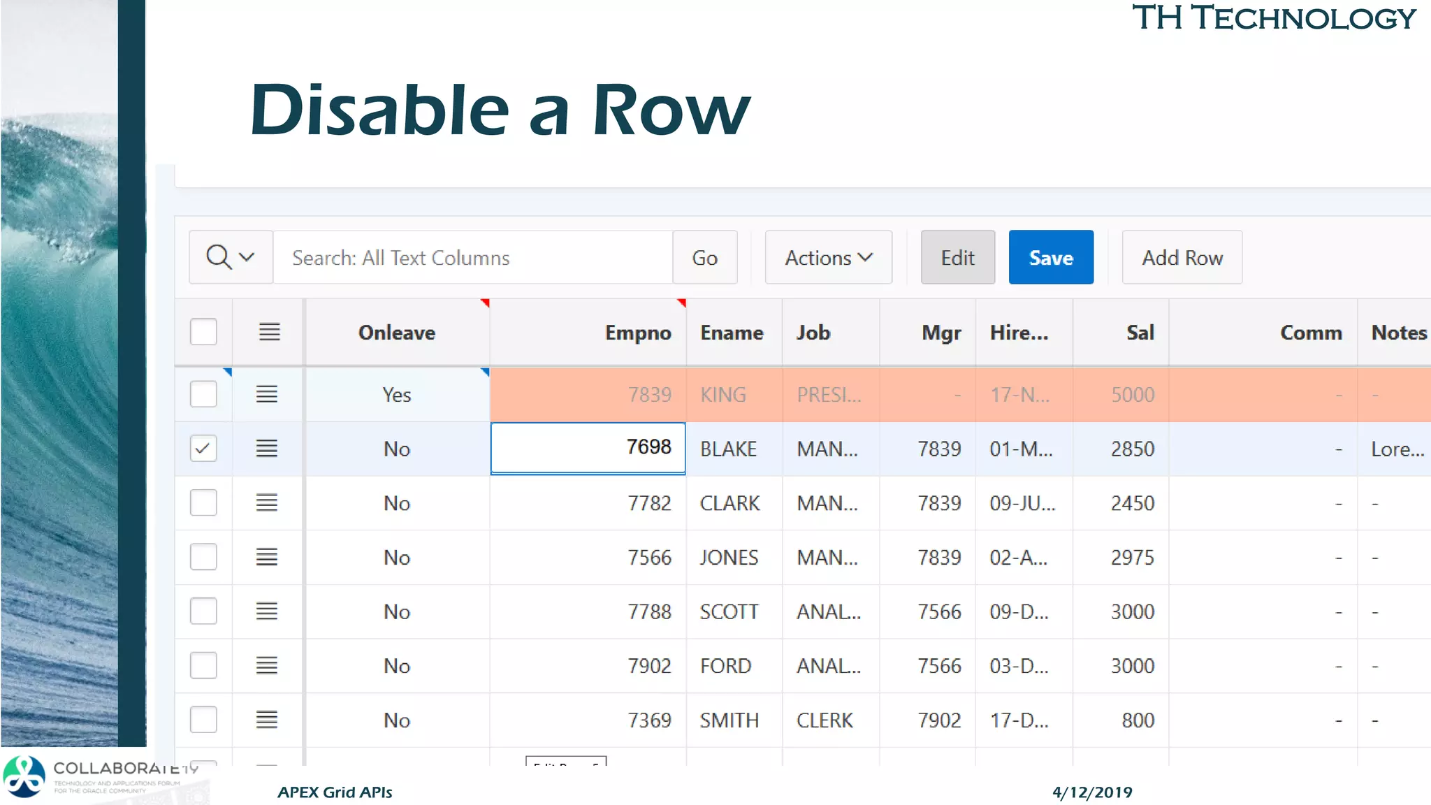 TH TechnologyTH Technology
Disable a Row
4/12/2019APEX Grid APIs
 