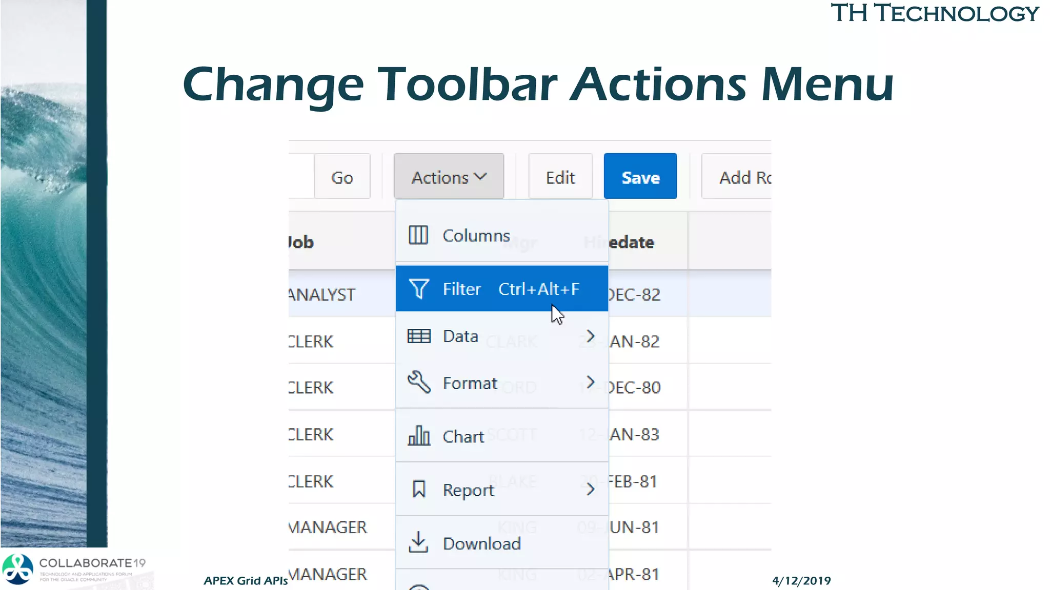 TH TechnologyTH Technology
Change Toolbar Actions Menu
APEX Grid APIs 4/12/2019
 