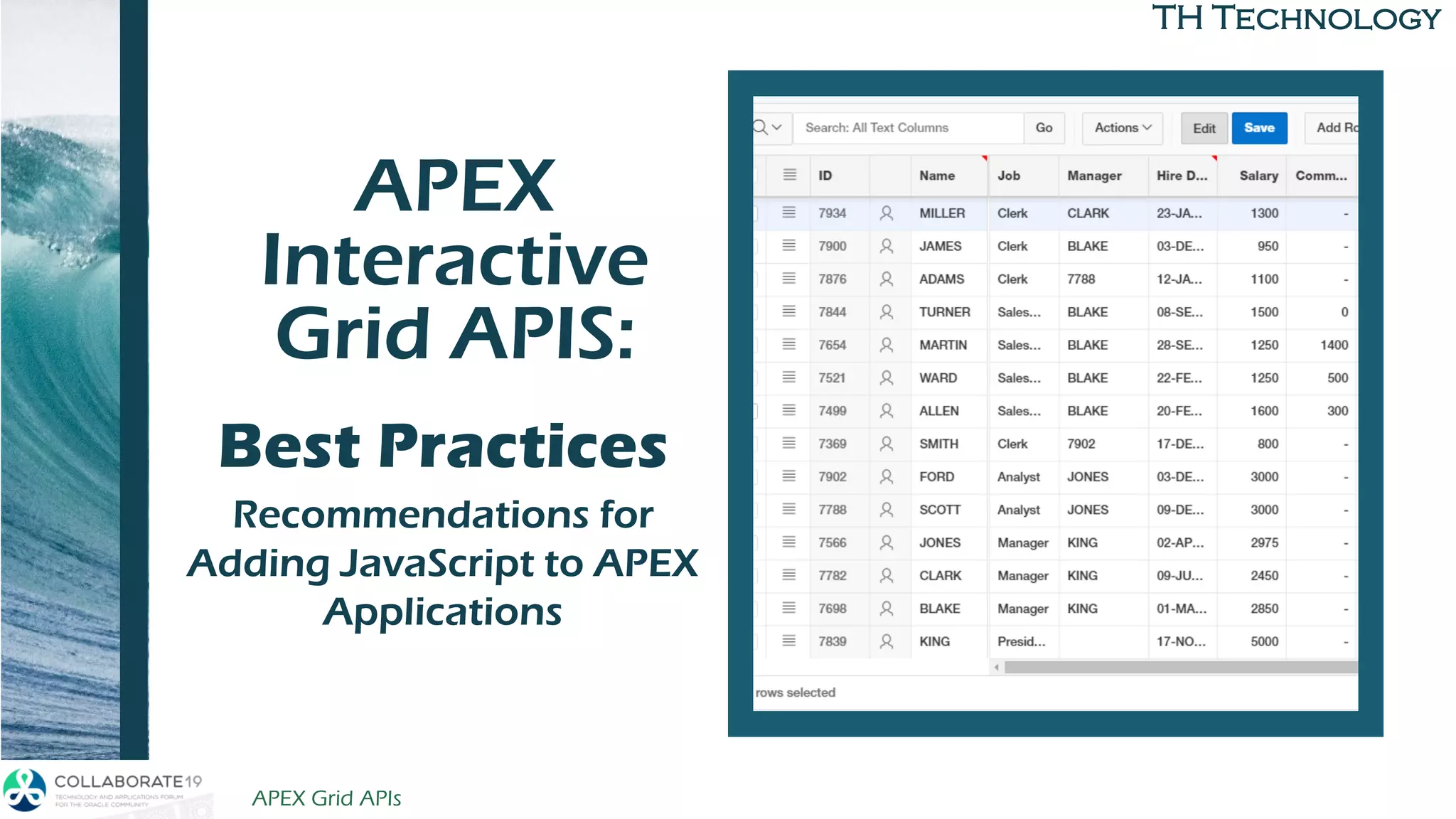 TH Technology
APEX
Interactive
Grid APIS:
to BuildBest Practices
Recommendations for
Adding JavaScript to APEX
Applications
APEX Grid APIs 4/12/2019
 