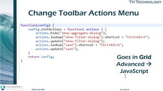 TH TechnologyTH Technology
Change Toolbar Actions Menu
APEX Grid APIs
Goes in Grid
Advanced →
JavaScript
4/12/2019
 