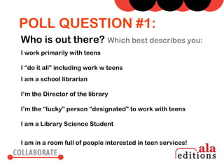 POLL QUESTION #1:
Who is out there? Which best describes you:
I work primarily with teens

I “do it all” including work w teens
I am a school librarian

I’m the Director of the library

I’m the “lucky” person “designated” to work with teens

I am a Library Science Student


I am in a room full of people interested in teen services!
 