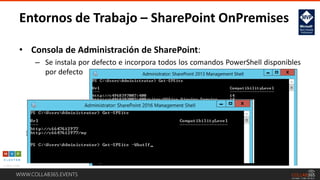 WWW.COLLAB365.EVENTS
Entornos de Trabajo – SharePoint OnPremises
• Consola de Administración de SharePoint:
– Se instala por defecto e incorpora todos los comandos PowerShell disponibles
por defecto
 