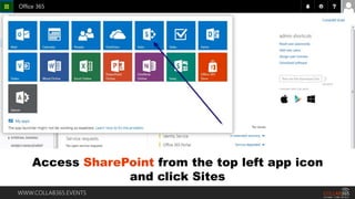 WWW.COLLAB365.EVENTS
Access SharePoint from the top left app icon
and click Sites
 