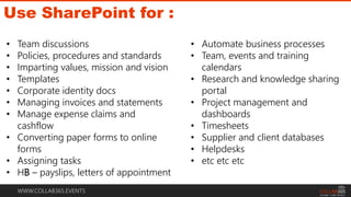 WWW.COLLAB365.EVENTS
Use SharePoint for :
• Automate business processes
• Team, events and training
calendars
• Research and knowledge sharing
portal
• Project management and
dashboards
• Timesheets
• Supplier and client databases
• Helpdesks
• etc etc etc
• Team discussions
• Policies, procedures and standards
• Imparting values, mission and vision
• Templates
• Corporate identity docs
• Managing invoices and statements
• Manage expense claims and
cashflow
• Converting paper forms to online
forms
• Assigning tasks
• HB – payslips, letters of appointment
 