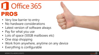 WWW.COLLAB365.EVENTS
PROS
• Very low barrier to entry
• No hardware considerations
• Latest version of software always
• Pay for what you use
• Lots of space (50GB mailboxes etc)
• One stop shopping
• Work from anywhere, anytime on any device
• Everything is configurable
 
