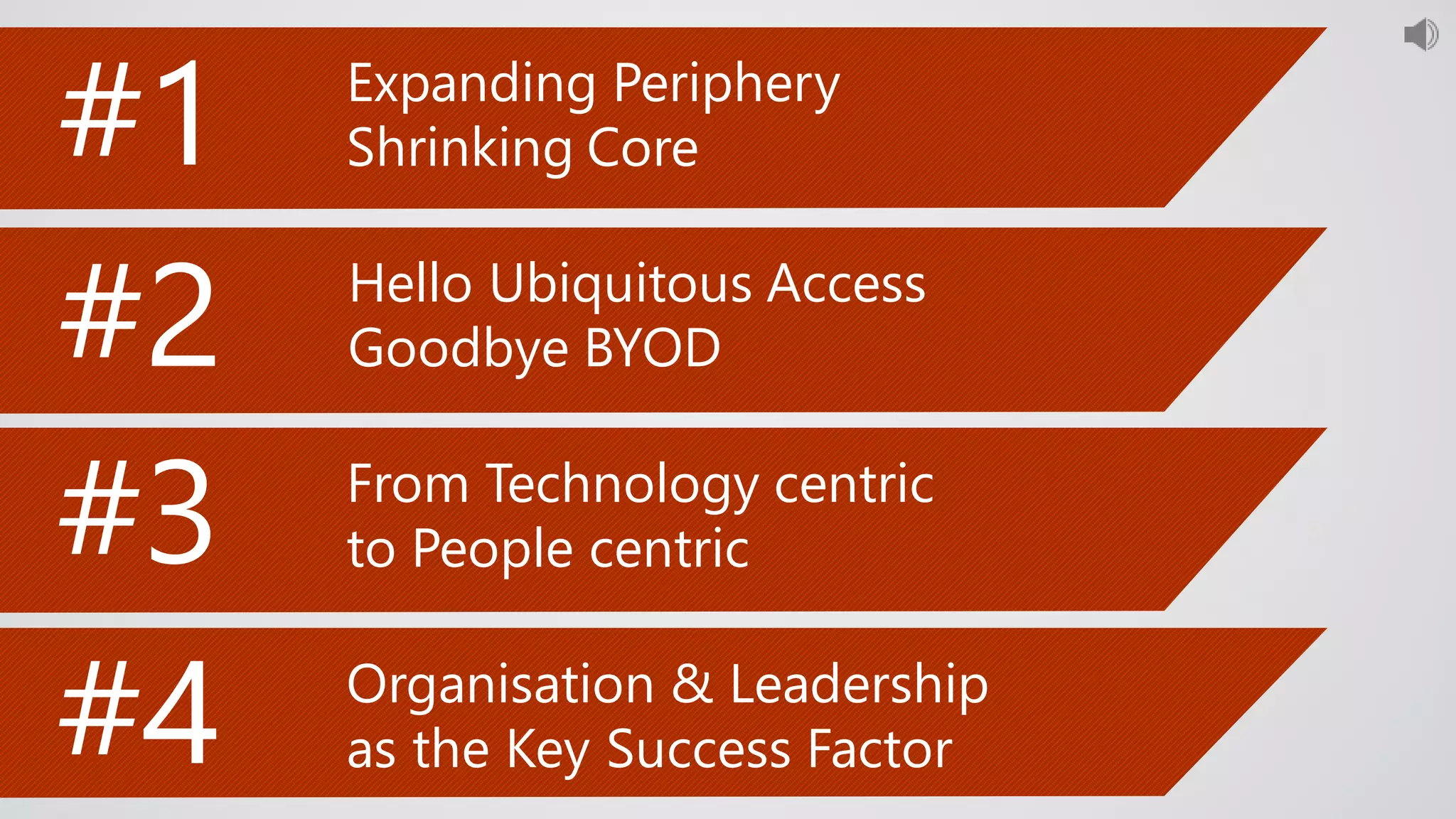 #3 From Technology centric
to People centric
#2 Hello Ubiquitous Access
Goodbye BYOD
#1 Expanding Periphery
Shrinking Core
#4 Organisation & Leadership
as the Key Success Factor
 