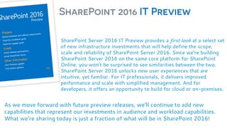SharePoint Server 2016 IT Preview provides a first look at a select set
of new infrastructure investments that will help d...