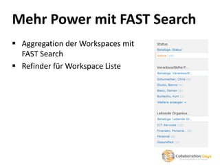 Mehr Power mit FAST Search
 Aggregation der Workspaces mit
  FAST Search
 Refinder für Workspace Liste
 