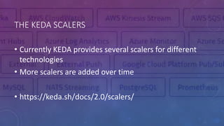 THE KEDA SCALERS
• Currently KEDA provides several scalers for different
technologies
• More scalers are added over time
• https://keda.sh/docs/2.0/scalers/
 