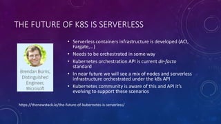 THE FUTURE OF K8S IS SERVERLESS
• Serverless containers infrastructure is developed (ACI,
Fargate,…)
• Needs to be orchestrated in some way
• Kubernetes orchestration API is current de-facto
standard
• In near future we will see a mix of nodes and serverless
infrastructure orchestrated under the k8s API
• Kubernetes community is aware of this and API it’s
evolving to support these scenarios
https://thenewstack.io/the-future-of-kubernetes-is-serverless/
 