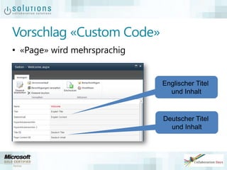 Vorschlag «Custom Code»
• «Page» wird mehrsprachig
Englischer Titel
und Inhalt
Deutscher Titel
und Inhalt
 