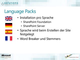 Language Packs
• Installation pro Sprache
• SharePoint Foundation
• SharePoint Server
• Sprache wird beim Erstellen der Site
festgelegt
• Word Breaker und Stemmers
 