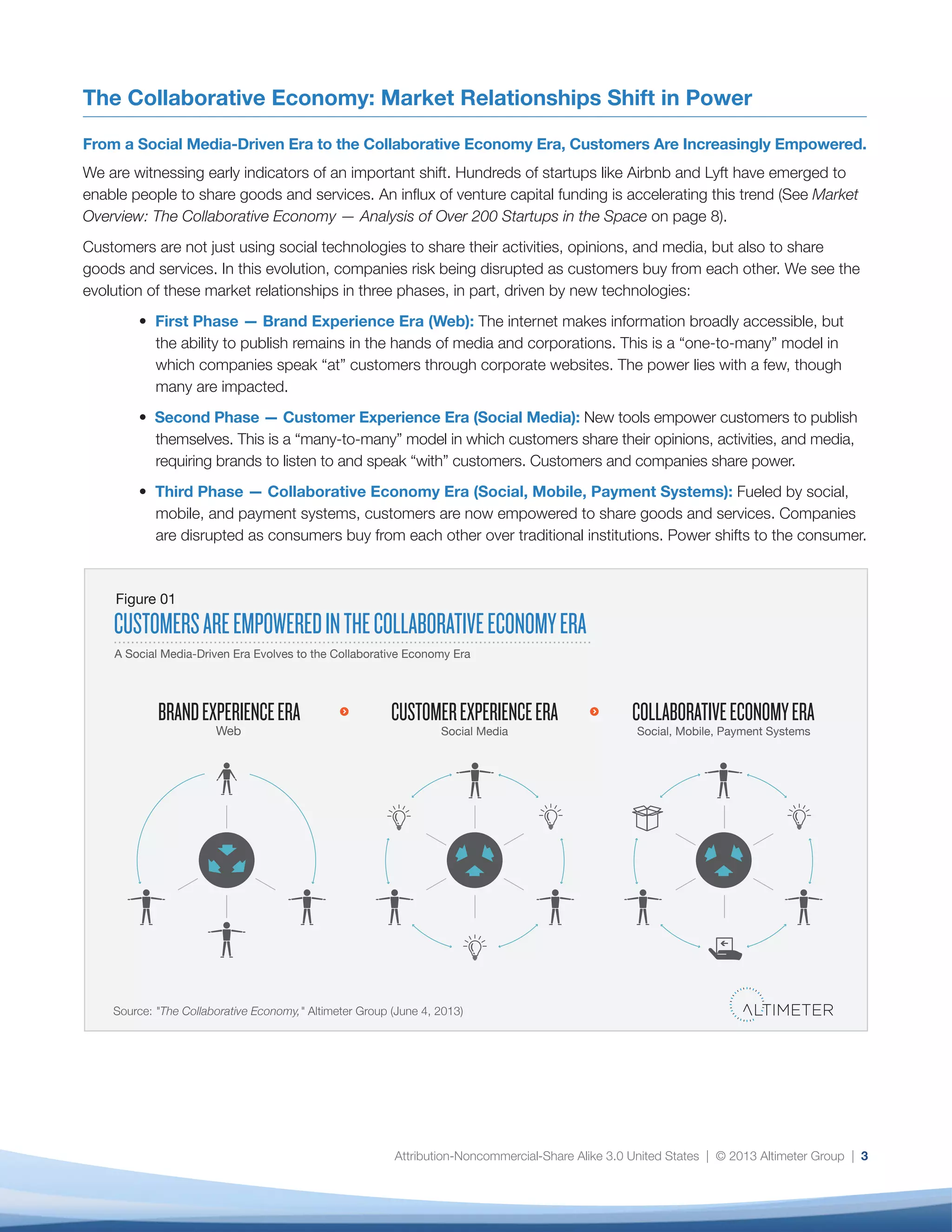 Attribution-Noncommercial-Share Alike 3.0 United States | © 2013 Altimeter Group | 3
The Collaborative Economy: Market Relationships Shift in Power
From a Social Media-Driven Era to the Collaborative Economy Era, Customers Are Increasingly Empowered.
We are witnessing early indicators of an important shift. Hundreds of startups like Airbnb and Lyft have emerged to
enable people to share goods and services. An influx of venture capital funding is accelerating this trend (See Market
Overview: The Collaborative Economy — Analysis of Over 200 Startups in the Space on page 8).
Customers are not just using social technologies to share their activities, opinions, and media, but also to share
goods and services. In this evolution, companies risk being disrupted as customers buy from each other. We see the
evolution of these market relationships in three phases, in part, driven by new technologies:
• First Phase — Brand Experience Era (Web): The internet makes information broadly accessible, but
the ability to publish remains in the hands of media and corporations. This is a “one-to-many” model in
which companies speak “at” customers through corporate websites. The power lies with a few, though
many are impacted.
• Second Phase — Customer Experience Era (Social Media): New tools empower customers to publish
themselves. This is a “many-to-many” model in which customers share their opinions, activities, and media,
requiring brands to listen to and speak “with” customers. Customers and companies share power.
• Third Phase — Collaborative Economy Era (Social, Mobile, Payment Systems): Fueled by social,
mobile, and payment systems, customers are now empowered to share goods and services. Companies
are disrupted as consumers buy from each other over traditional institutions. Power shifts to the consumer.
CUSTOMERSAREEMPOWEREDINTHECOLLABORATIVEECONOMYERA
A Social Media-Driven Era Evolves to the Collaborative Economy Era
Figure 01
Source: "The Collaborative Economy," Altimeter Group (June 4, 2013)
COLLABORATIVEECONOMYERA
Social, Mobile, Payment Systems
CUSTOMEREXPERIENCEERA
Social Media
BRANDEXPERIENCEERA
Web
 
