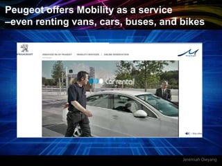 Jeremiah Owyang
Peugeot offers Mobility as a service
–even renting vans, cars, buses, and bikes
 
