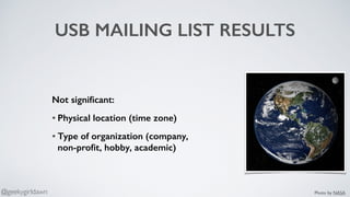 USB MAILING LIST RESULTS
Not signiﬁcant:
• Physical location (time zone)
• Type of organization (company,  
non-proﬁt, hobby, academic)
Photo by NASA@geekygirldawn
 