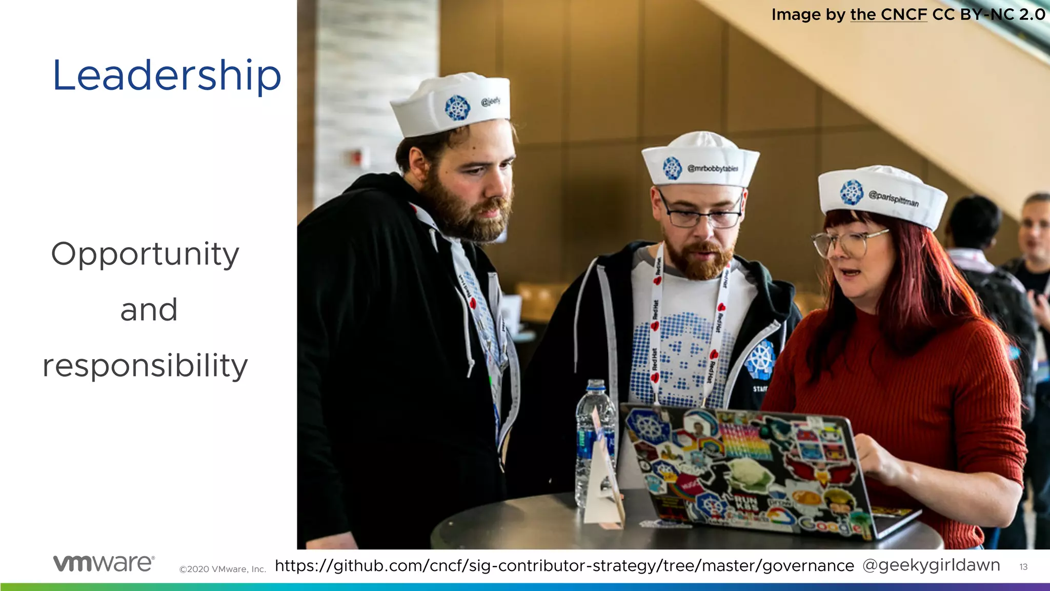 ©2020 VMware, Inc. @geekygirldawn
Opportunity
and
responsibility
13
Leadership
Image by the CNCF CC BY-NC 2.0
https://github.com/cncf/sig-contributor-strategy/tree/master/governance
 