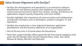6 | P U B L I C © 2018 CollabNet, Inc. All Rights Reserved.
• DevOps (for development and operations) is an enterprise software
development and delivery process that establishes an organizational
culture and environment in which the creation, testing, and delivery of
applications happen quickly, frequently, and more reliably
• DevOps highlights the importance of communication and collaboration
among team members such as developers, product managers, IT, and
operations
• DevOps also emphasizes a close alignment between application
development and the business objectives of an organization
• One of the key aims is to break down the boundaries
• Tools that support DevOps efforts generally fall into several categories that
cover the the DevOps Value Stream lifecycle (Plan, Code, Test, Build,
Release & Deploy, Monitor and Operate)
Value Stream Alignment with DevOps?
 