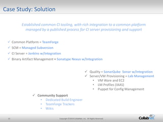 15 Copyright ©2014 CollabNet, Inc. All Rights Reserved. 
Case Study: Solution 
 
Common Platform = TeamForge 
 
SCM = Managed Subversion 
 
CI Server = Jenkins w/Integration 
 
Binary Artifact Management = Sonatype Nexus w/Integration 
 
Quality = SonarQube Sonar w/Integration 
 
Server/VM Provisioning = Lab Management 
• 
VM Ware and EC2 
• 
LM Profiles (IAAS) 
•Puppet for Config Management 
 
Community Support 
•Dedicated Build Engineer 
•TeamForge Trackers 
•Wikis 
Established common CI tooling, with rich integration to a common platform managed by a published process for CI server provisioning and support  