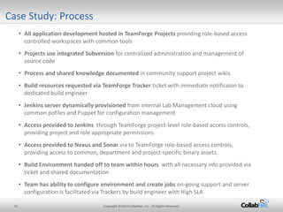 16 Copyright ©2014 CollabNet, Inc. All Rights Reserved. 
Case Study: Process 
• 
All application development hosted in TeamForge Projects providing role-based access controlled workspaces with common tools 
• 
Projects use integrated Subversion for centralized administration and management of source code 
• 
Process and shared knowledge documented in community support project wikis 
• 
Build resources requested via TeamForge Tracker ticket with immediate notificaion to dedicated build engineer 
• 
Jenkins server dynamically provisioned from internal Lab Management cloud using common pofiles and Puppet for configuration management 
• 
Access provided to Jenkins through TeamForge project-level role-based access controls, providing project and role appropriate permissions 
• 
Access provided to Nexus and Sonar via to TeamForge role-based access controls, providing access to common, department and project-specific binary assets. 
• 
Build Environment handed off to team within hours with all necessary info provided via ticket and shared documentation 
• 
Team has ability to configure environment and create jobs on-going support and server configuration is facilitated via Trackers by build engineer with High SLA 
 