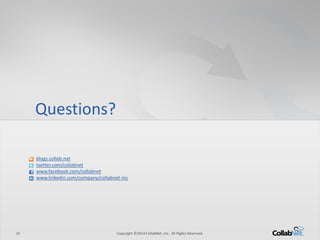 25 Copyright ©2014 CollabNet, Inc. All Rights Reserved. 
Questions? 
blogs.collab.net 
twitter.com/collabnet 
www.facebook.com/collabnet 
www.linkedin.com/company/collabnet-inc  