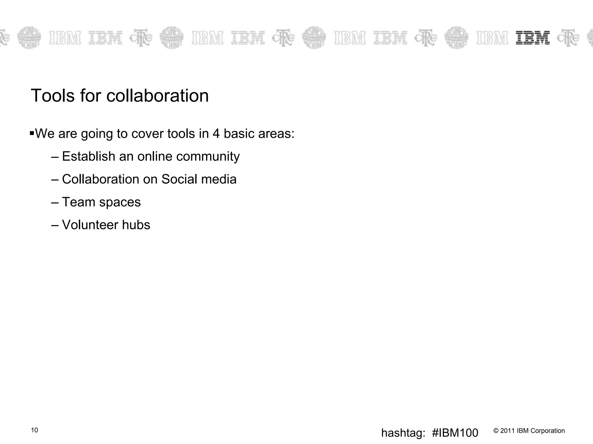 Tools for collaboration We are going to cover tools in 4 basic areas: Establish an online community Collaboration on Social media  Team spaces Volunteer hubs 