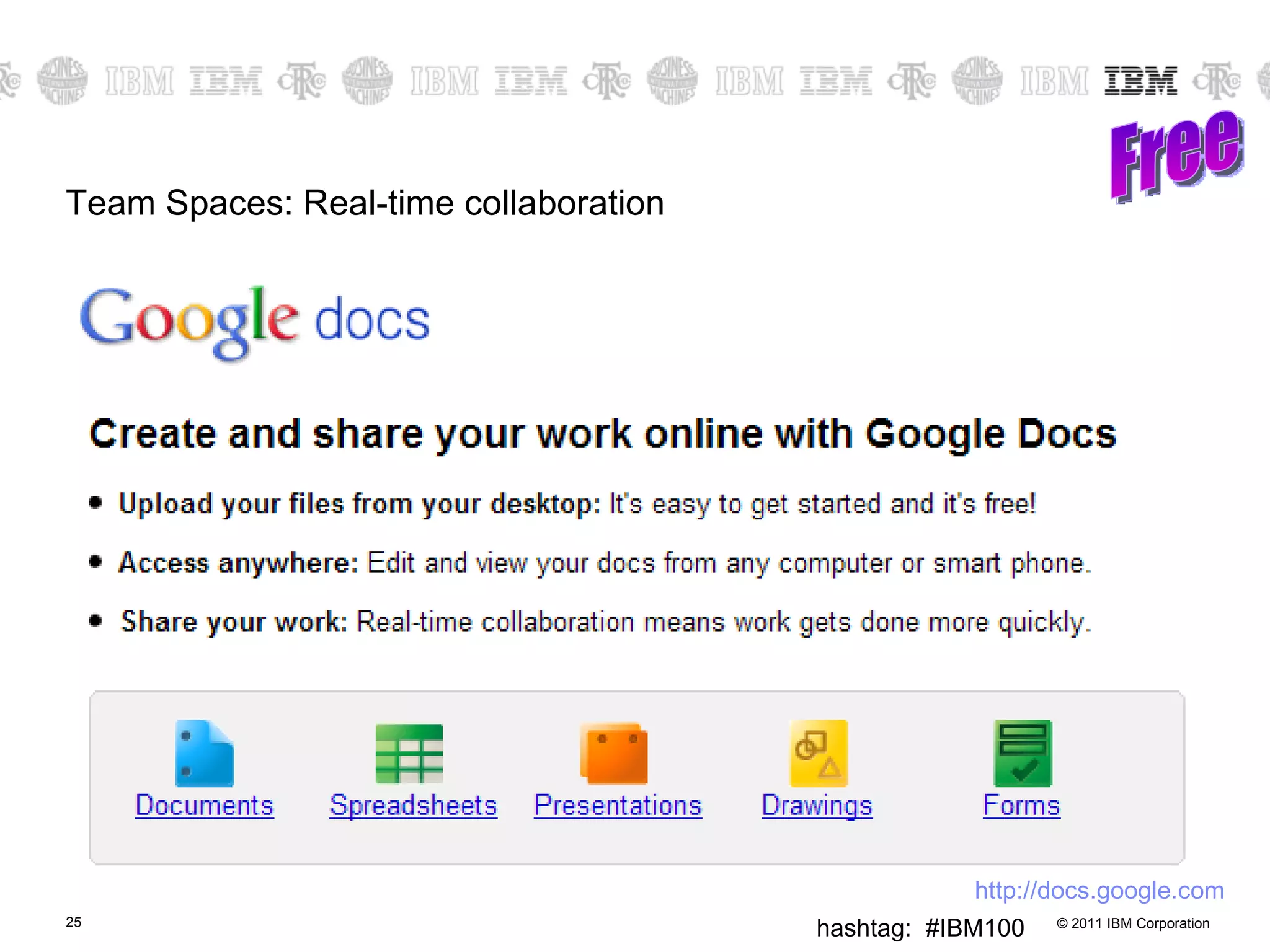Team Spaces: Real-time collaboration Free http:// docs.google.com 